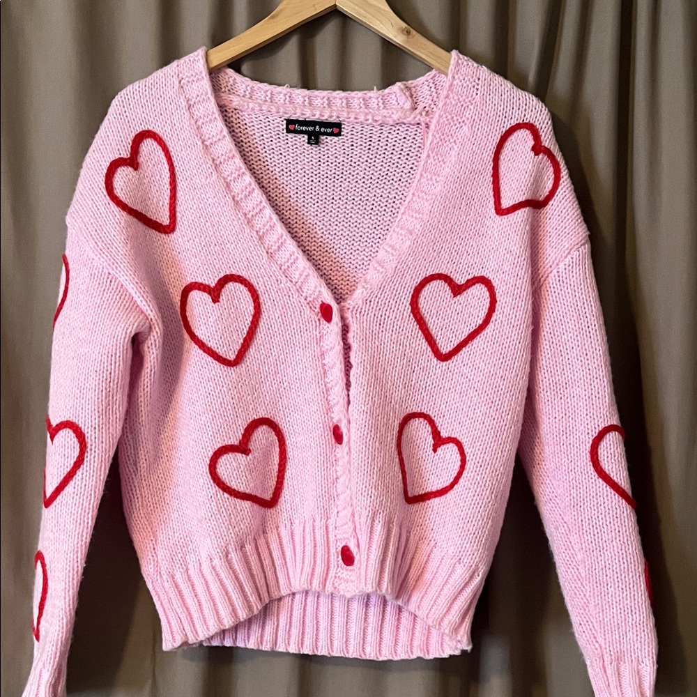 Pink Sweater with Red Heart Pattern
